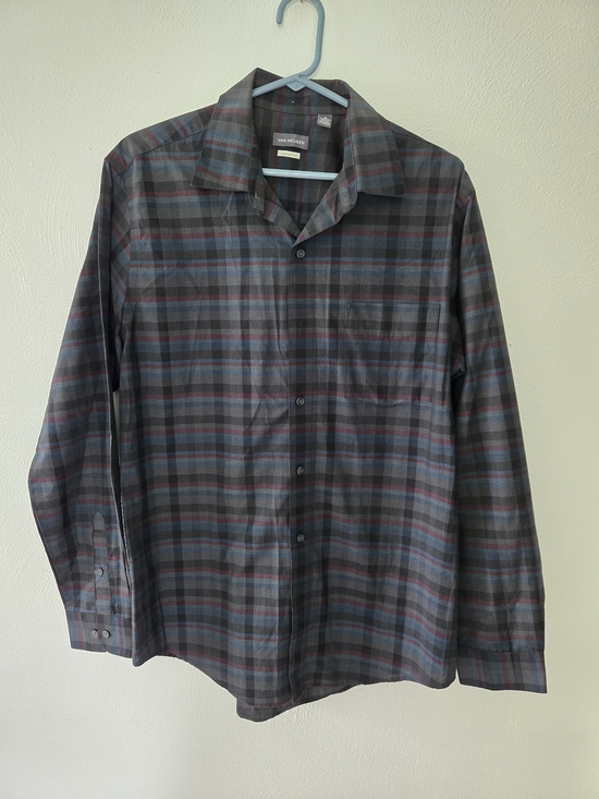 Van Heusen Other - Van Heusen Men's Gray Plaid Button-Down with Blue and Burgundy Stripes